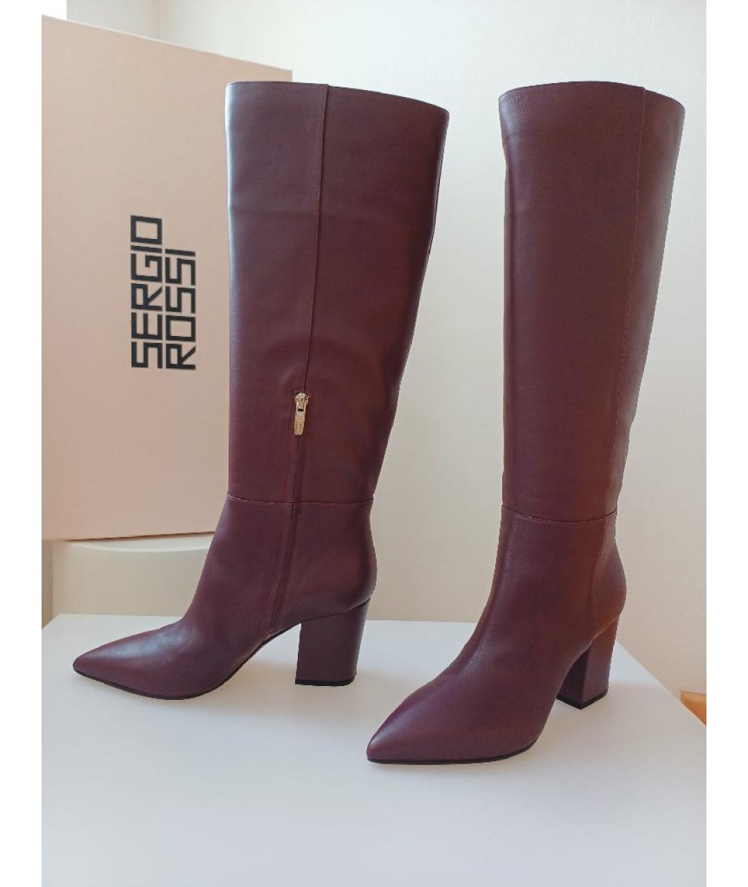 SERGIO ROSSI Бордовые кожаные сапоги, фото 2