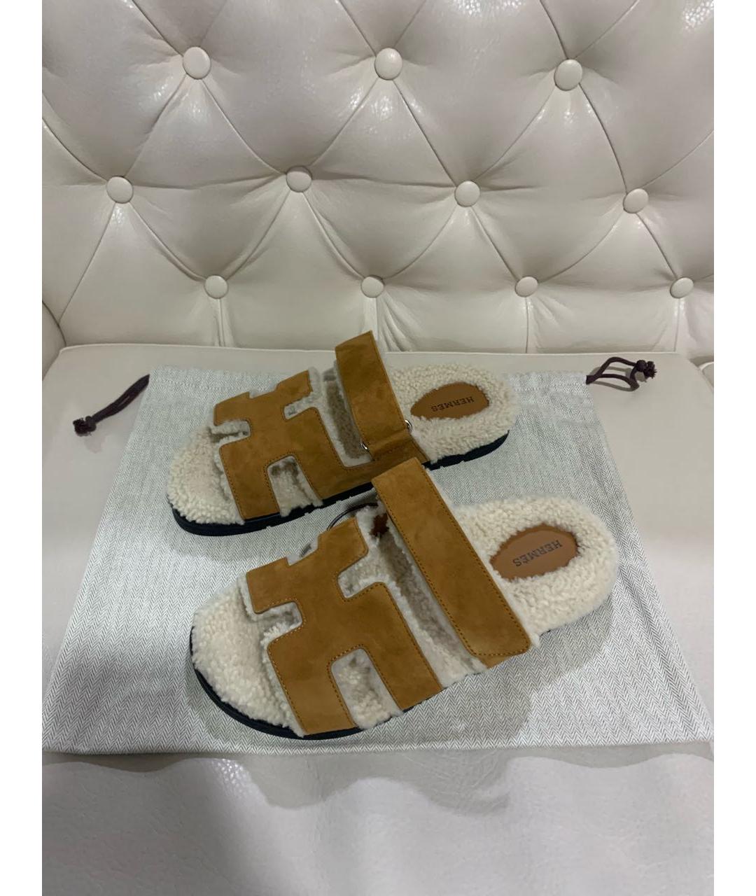 HERMES Горчичные замшевые шлепанцы, фото 2