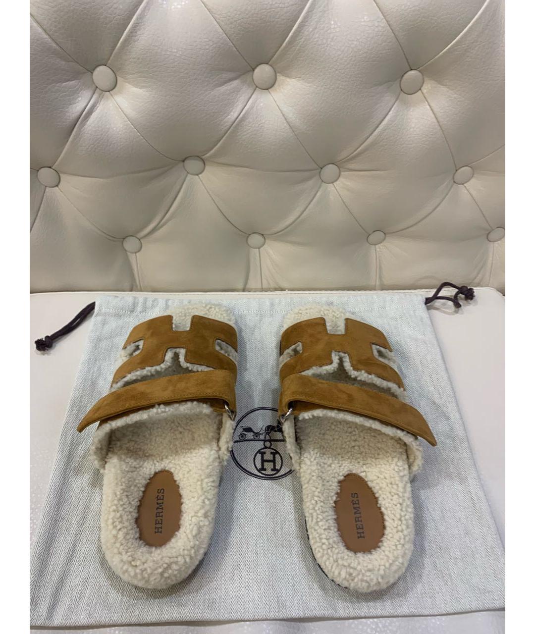 HERMES Горчичные замшевые шлепанцы, фото 4