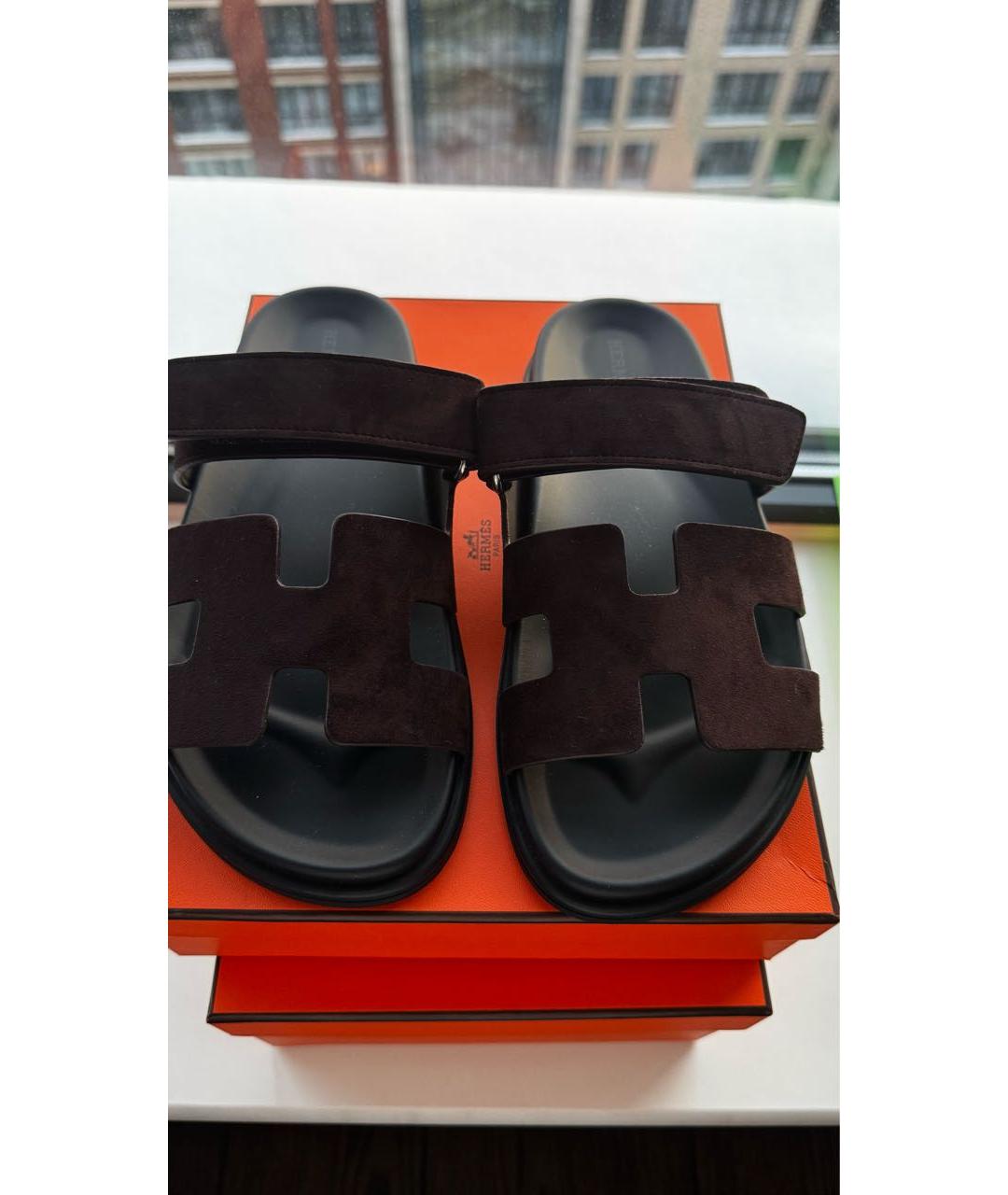 HERMES Коричневые замшевые сандалии, фото 4