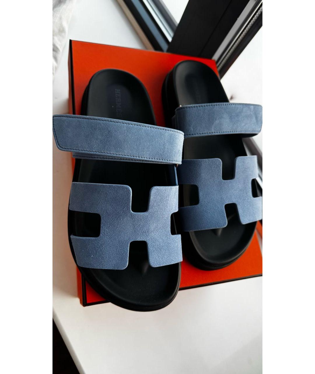 HERMES Голубые замшевые сандалии, фото 4