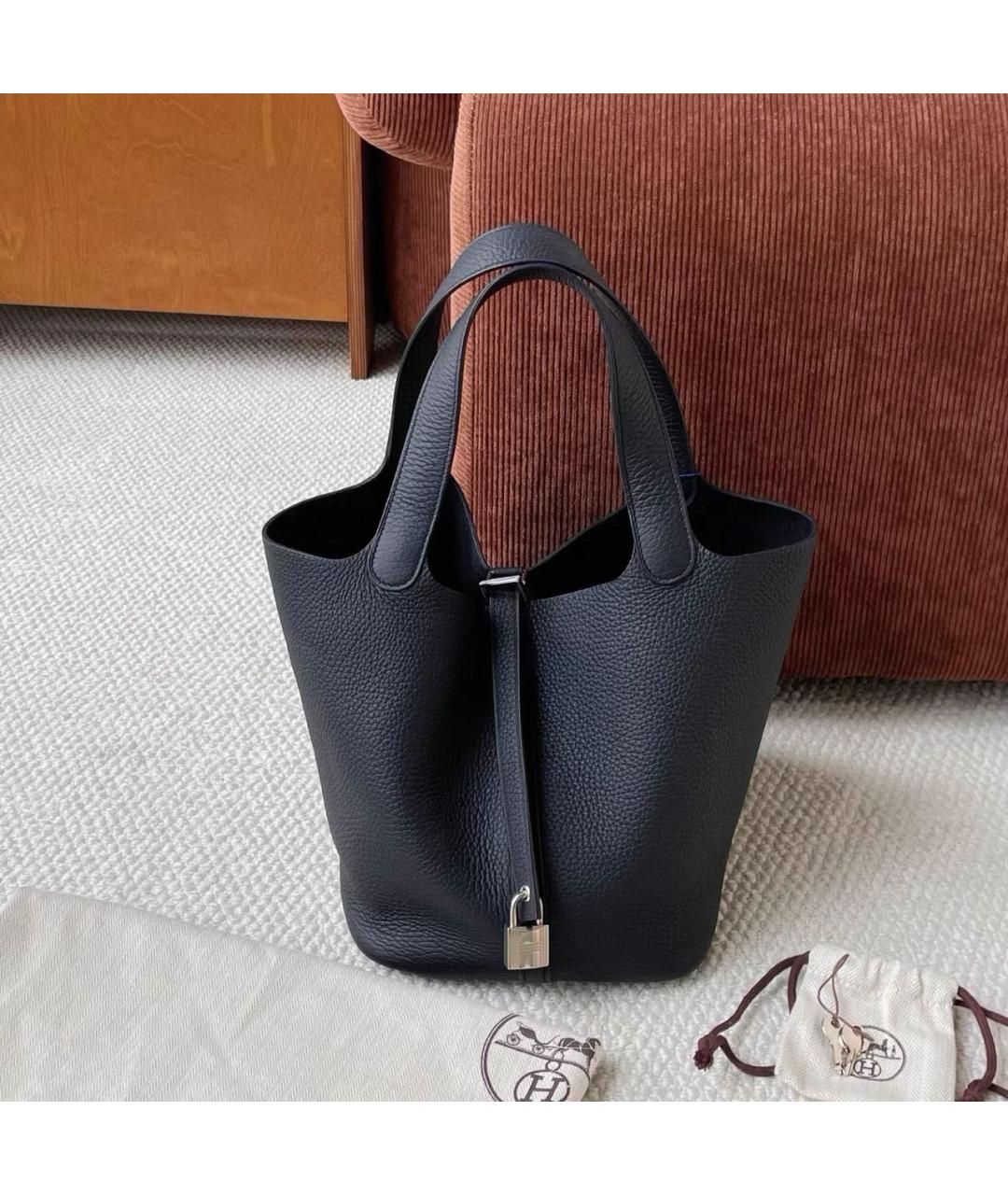 HERMES Черная кожаная сумка тоут, фото 9
