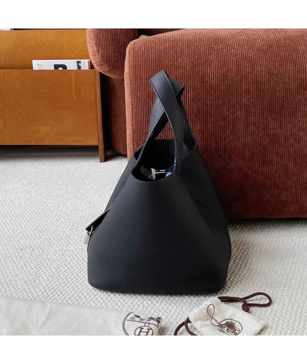 HERMES Черная кожаная сумка тоут, фото 6