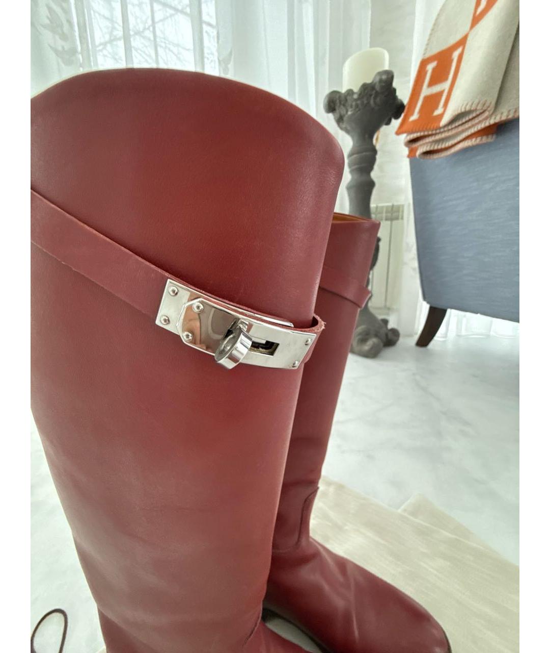 HERMES Бордовые кожаные сапоги, фото 8