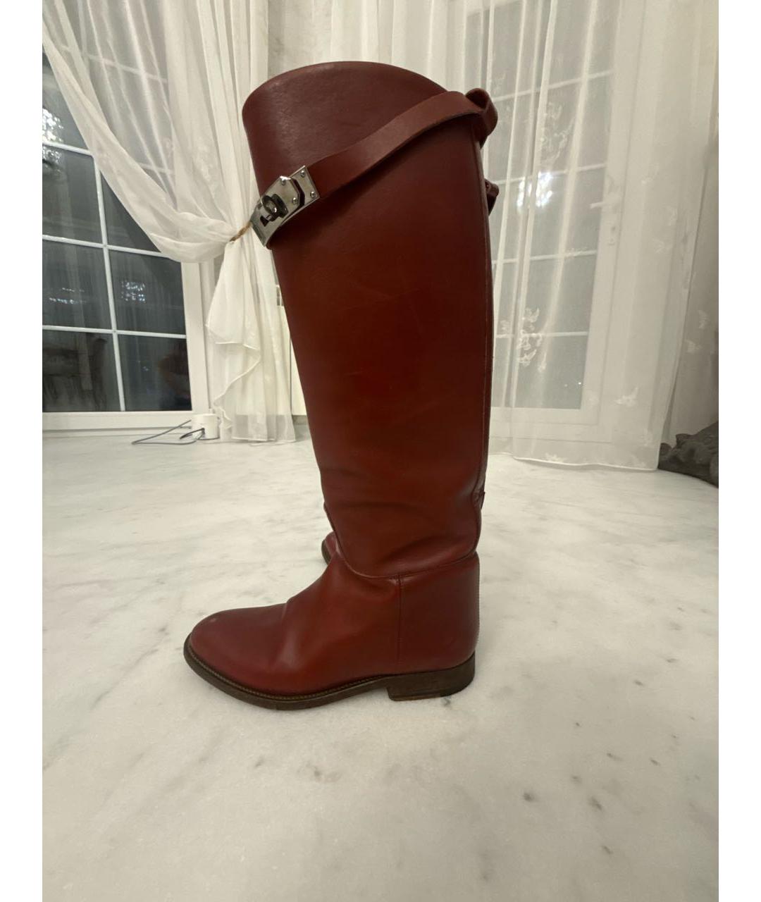 HERMES Бордовые кожаные сапоги, фото 5