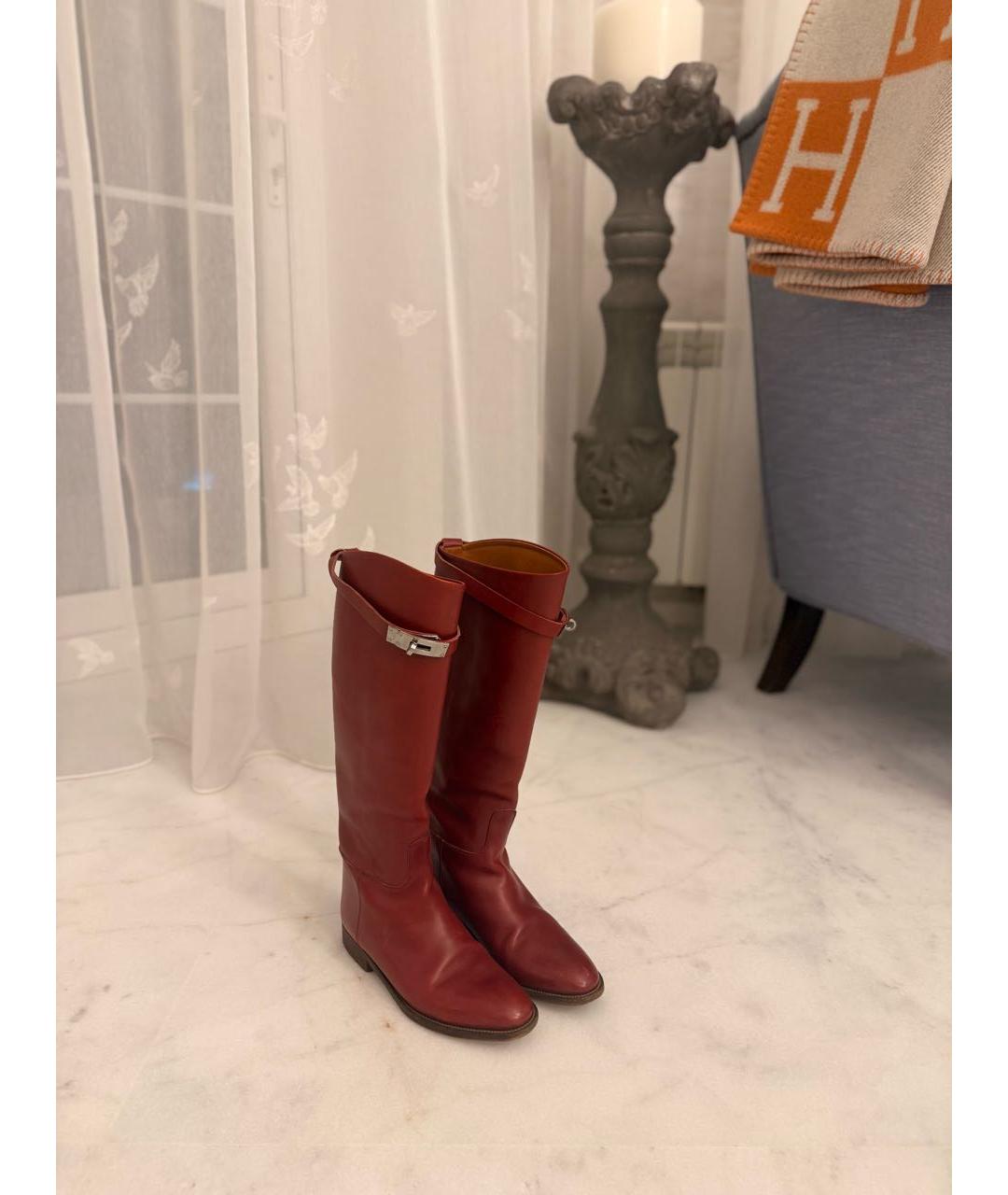 HERMES Бордовые кожаные сапоги, фото 4