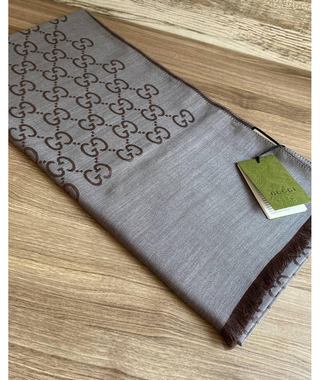 GUCCI Коричневый шерстяной шарф, фото 8