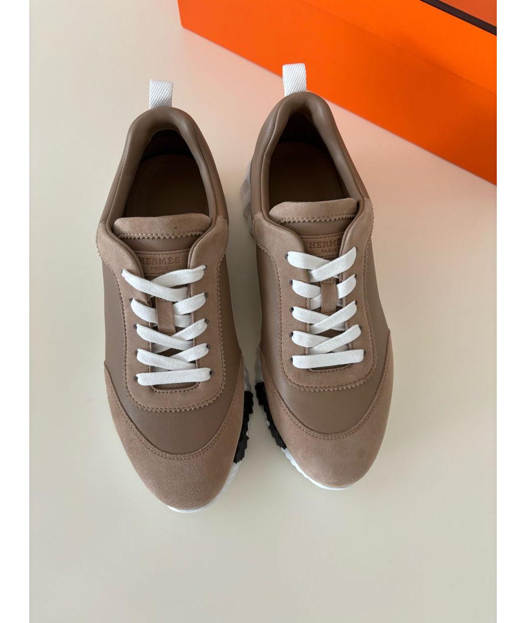 HERMES Бежевые кожаные кроссовки, фото 2