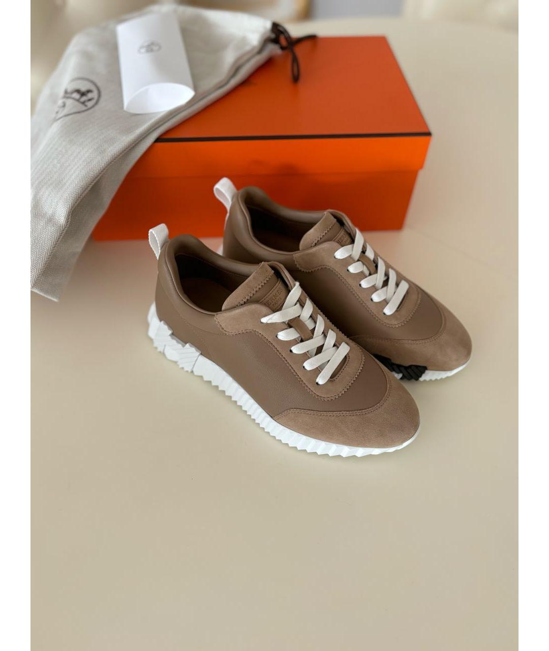 HERMES Бежевые кожаные кроссовки, фото 8