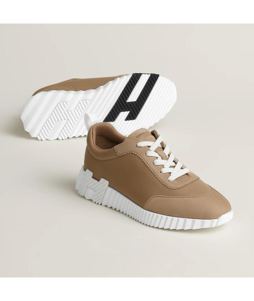 HERMES Бежевые кожаные кроссовки, фото 9