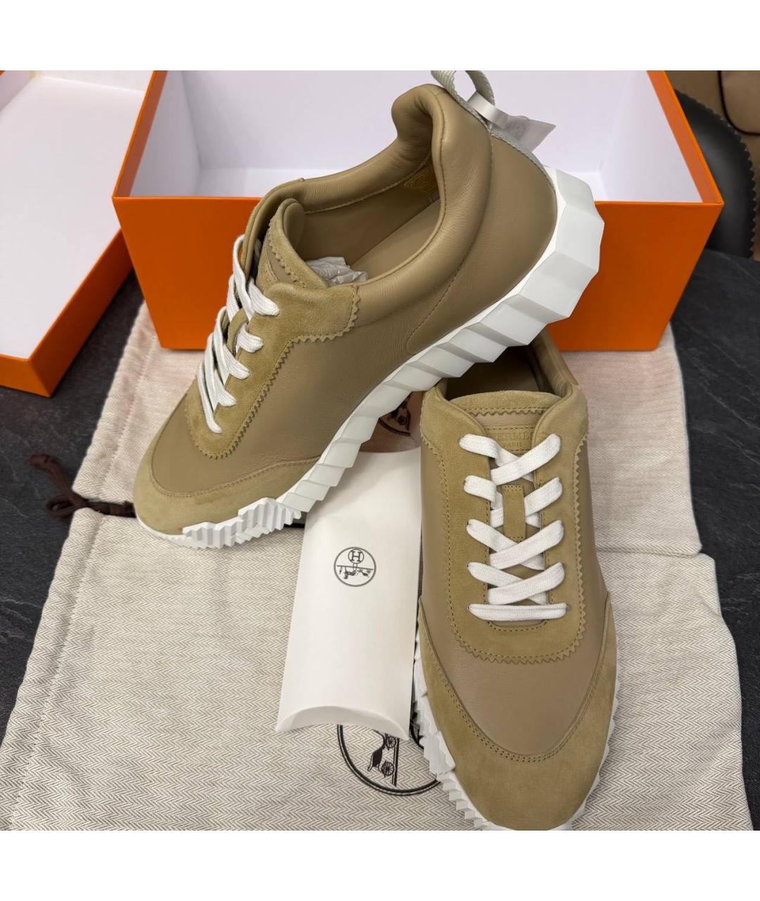 HERMES Бежевые кожаные низкие кроссовки / кеды, фото 3