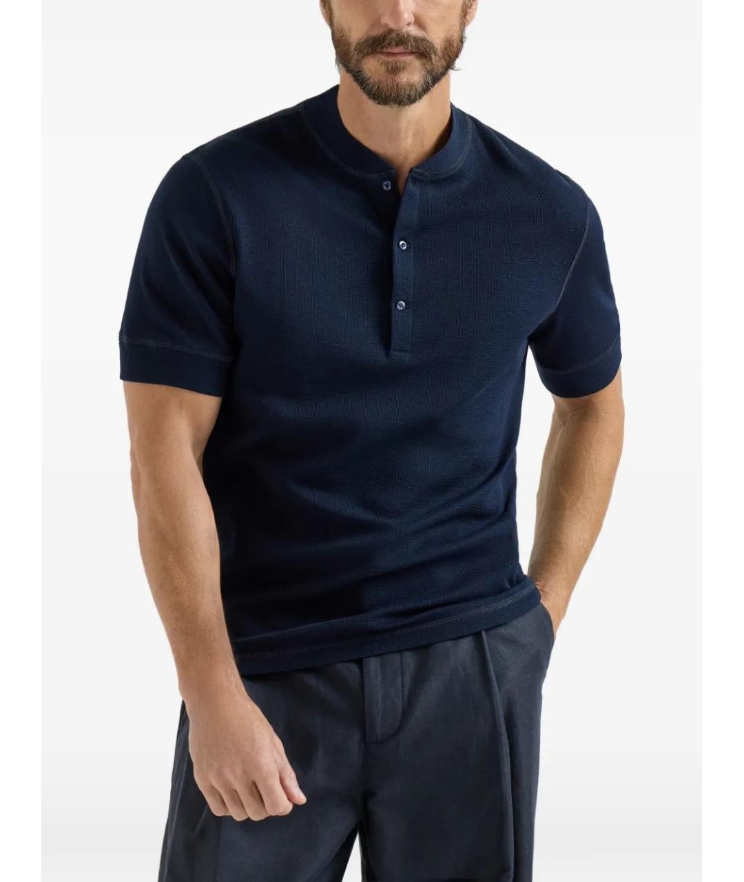 BRUNELLO CUCINELLI Синее хлопковое поло с коротким рукавом, фото 2