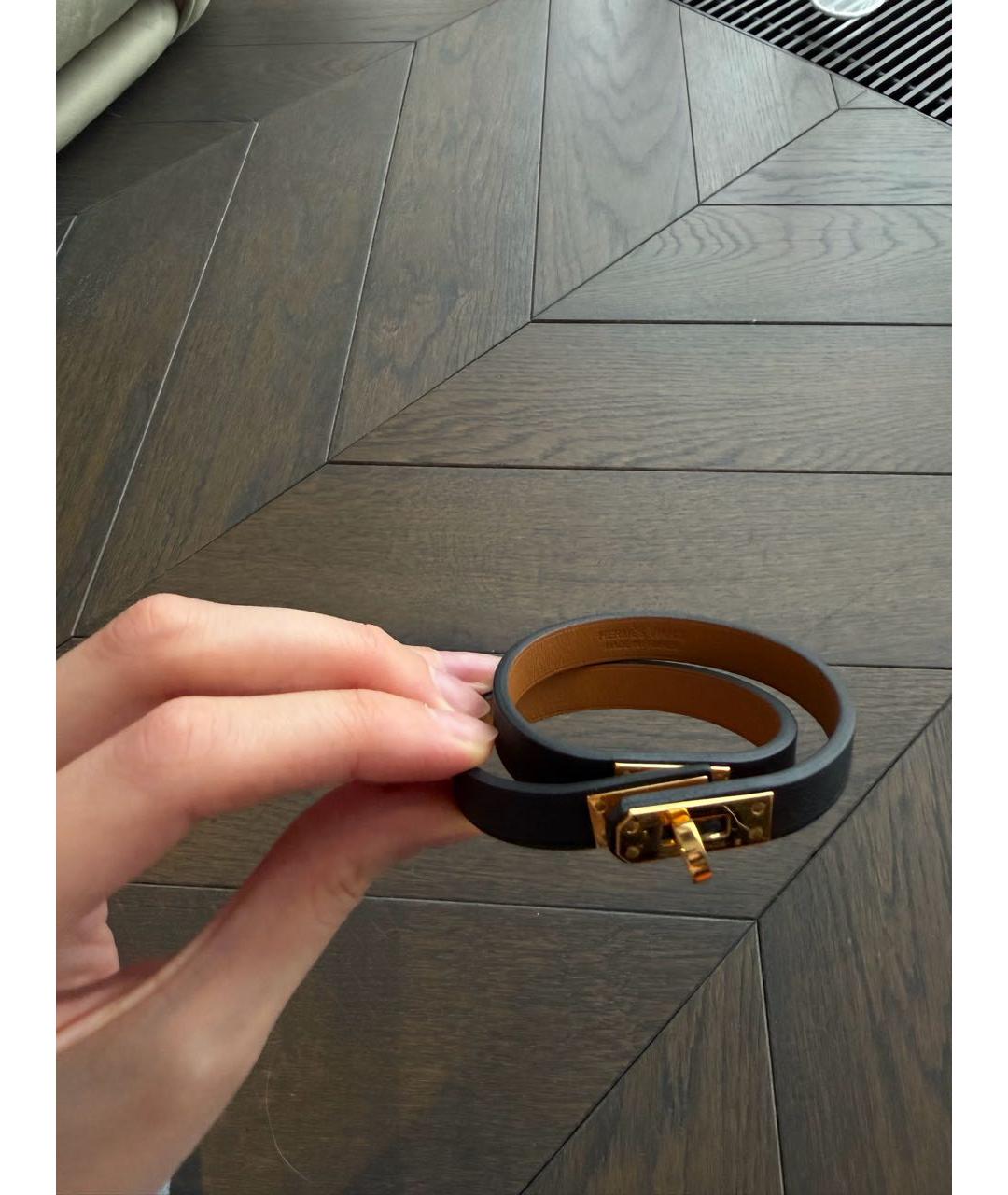 HERMES Черный кожаный браслет, фото 3