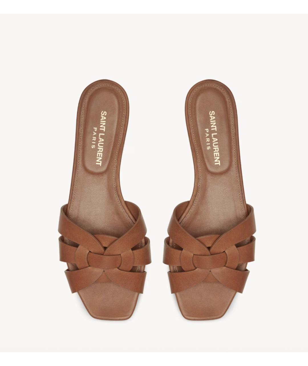 SAINT LAURENT Коричневые кожаные шлепанцы, фото 2