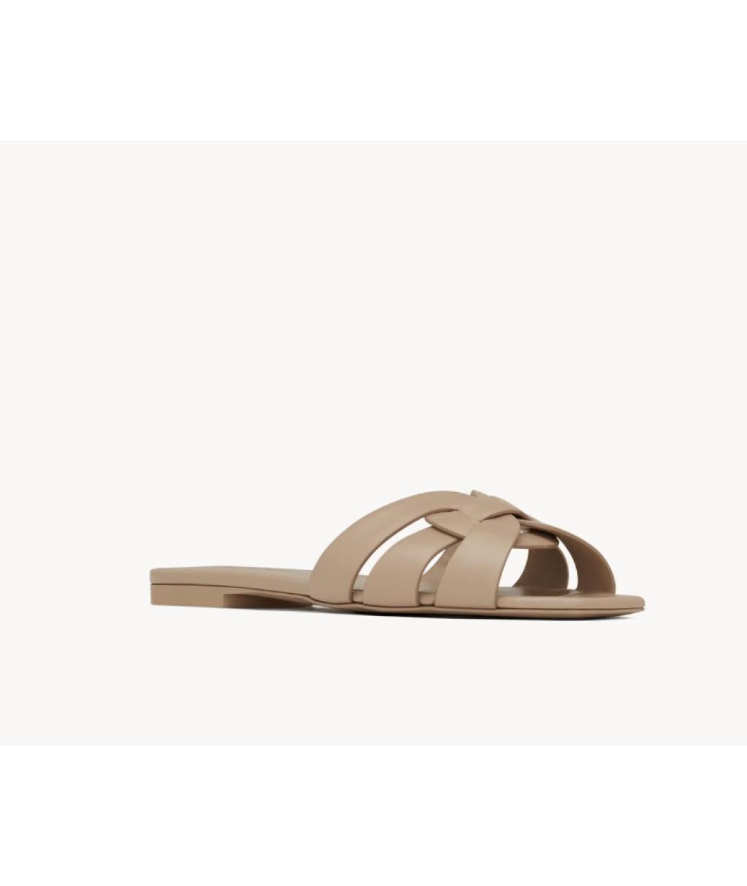 SAINT LAURENT Бежевые кожаные шлепанцы, фото 3