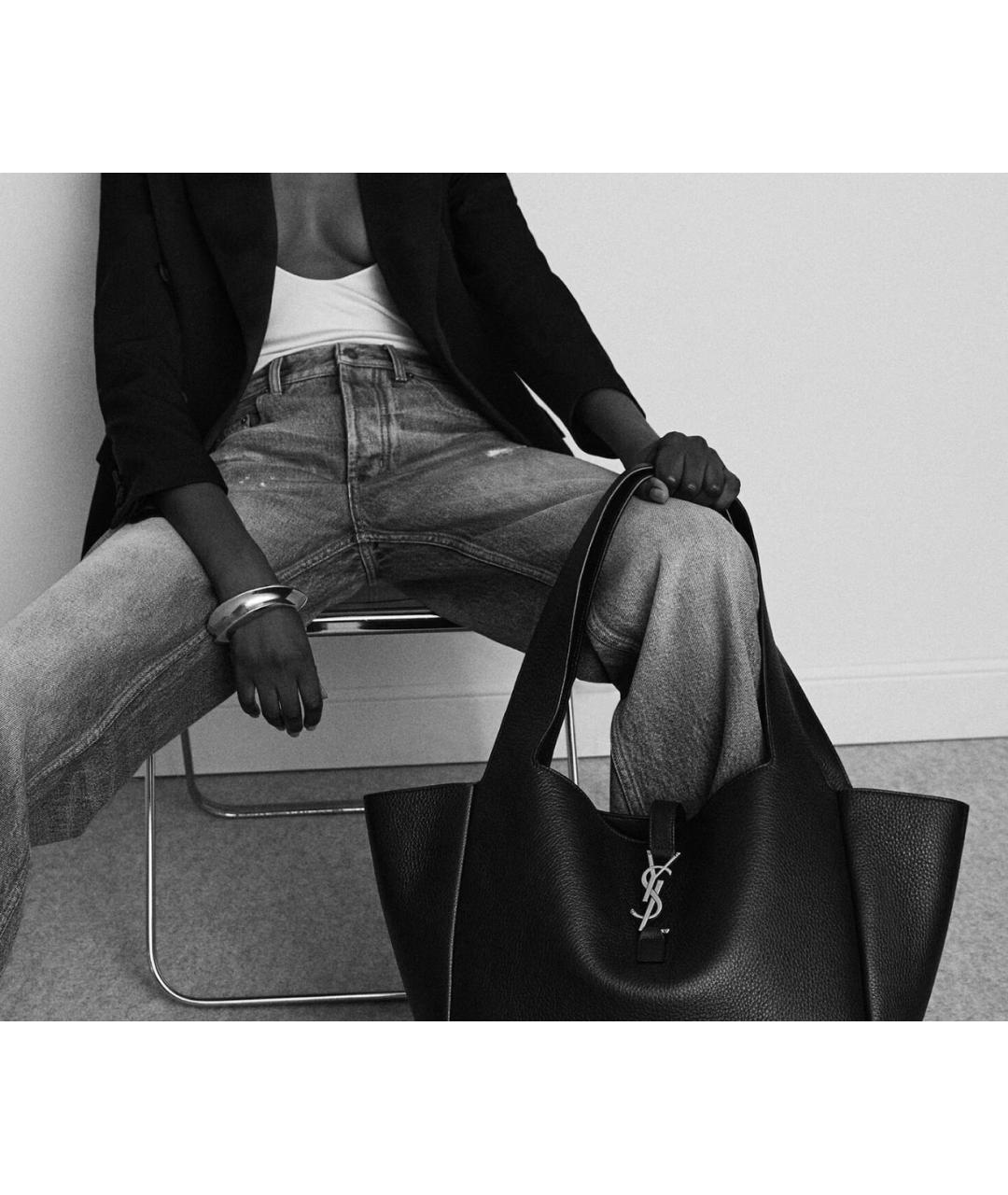 SAINT LAURENT Черная кожаная сумка тоут, фото 6