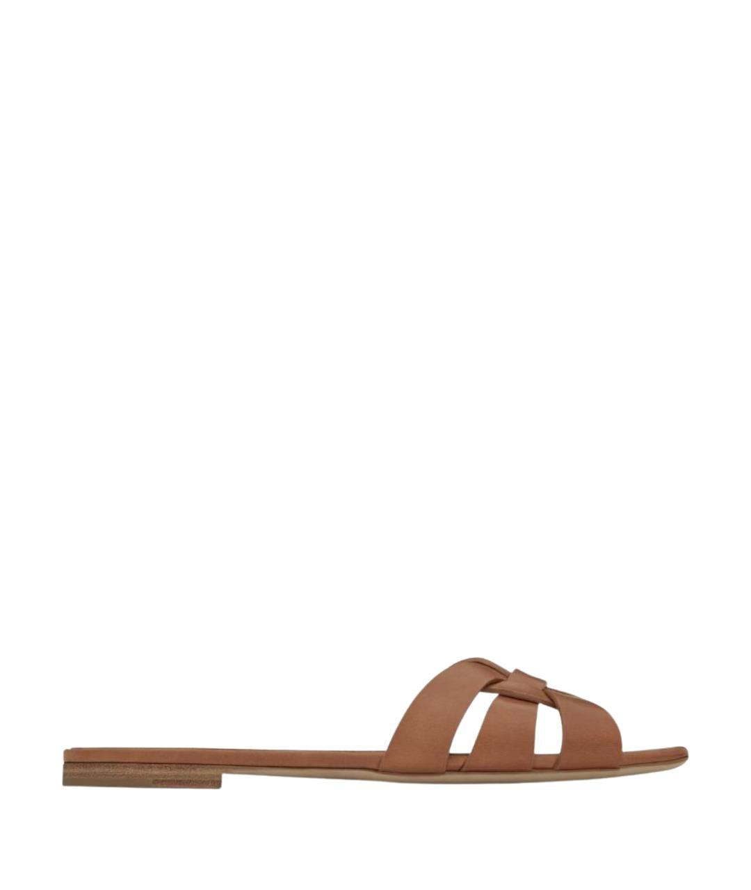 SAINT LAURENT Коричневые кожаные шлепанцы, фото 1