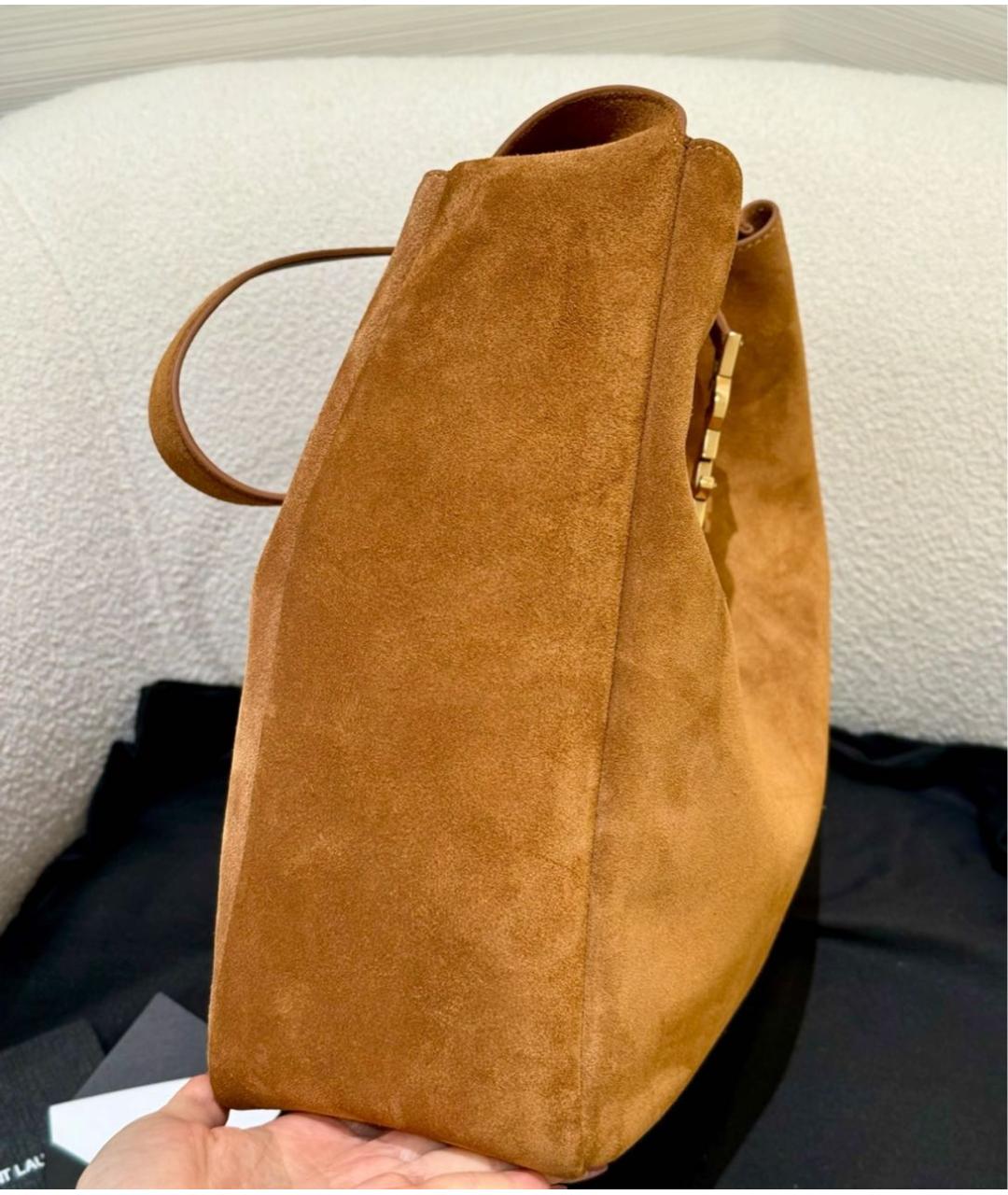 SAINT LAURENT Коричневая замшевая сумка тоут, фото 7