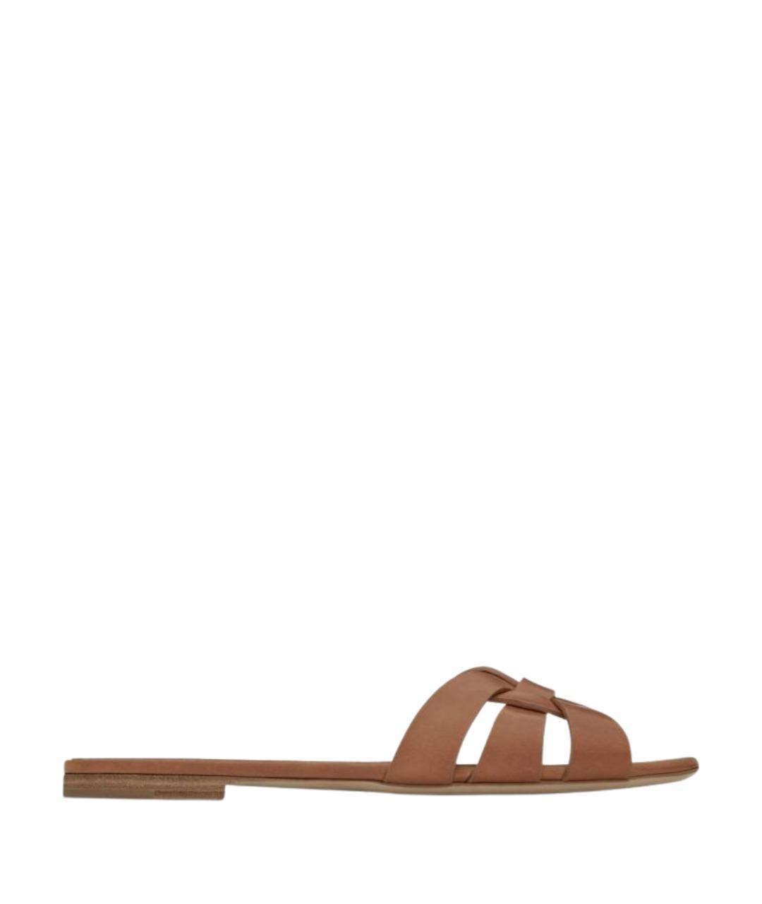 SAINT LAURENT Коричневые кожаные шлепанцы, фото 1
