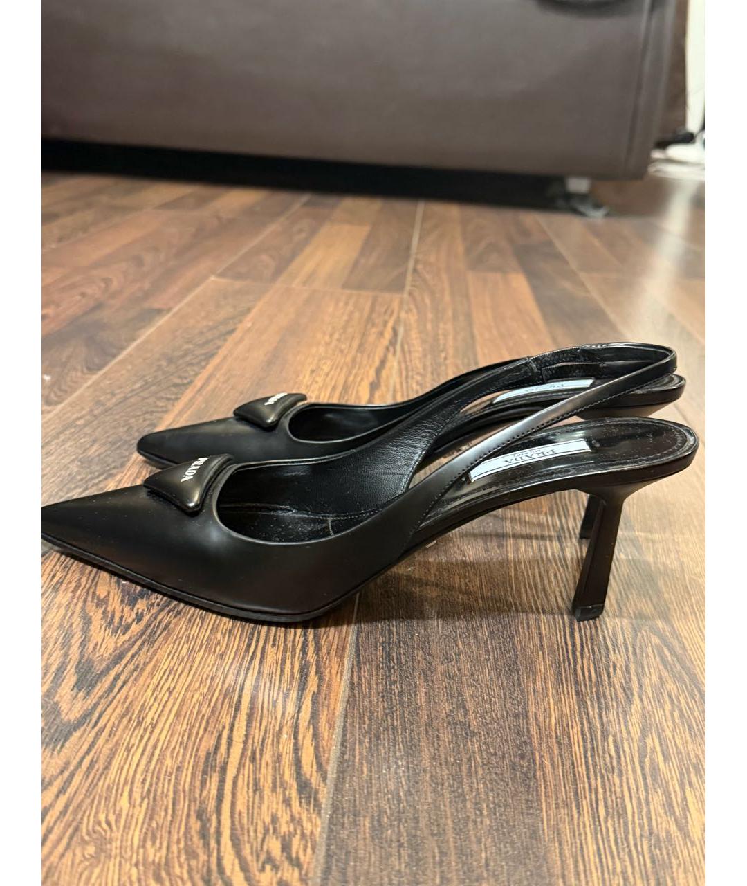 PRADA Черные кожаные лодочки на низком каблуке, фото 4