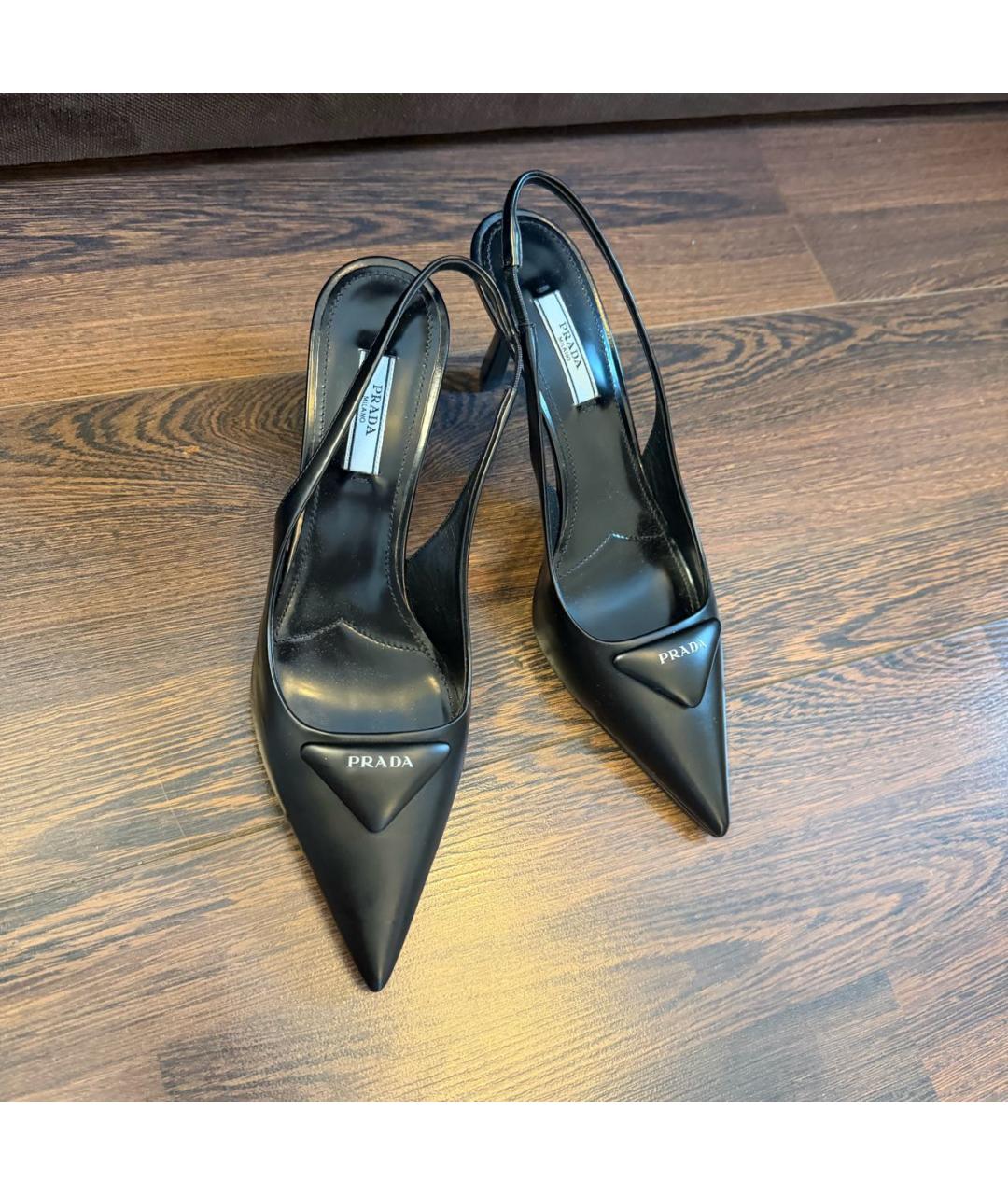 PRADA Черные кожаные лодочки на низком каблуке, фото 2