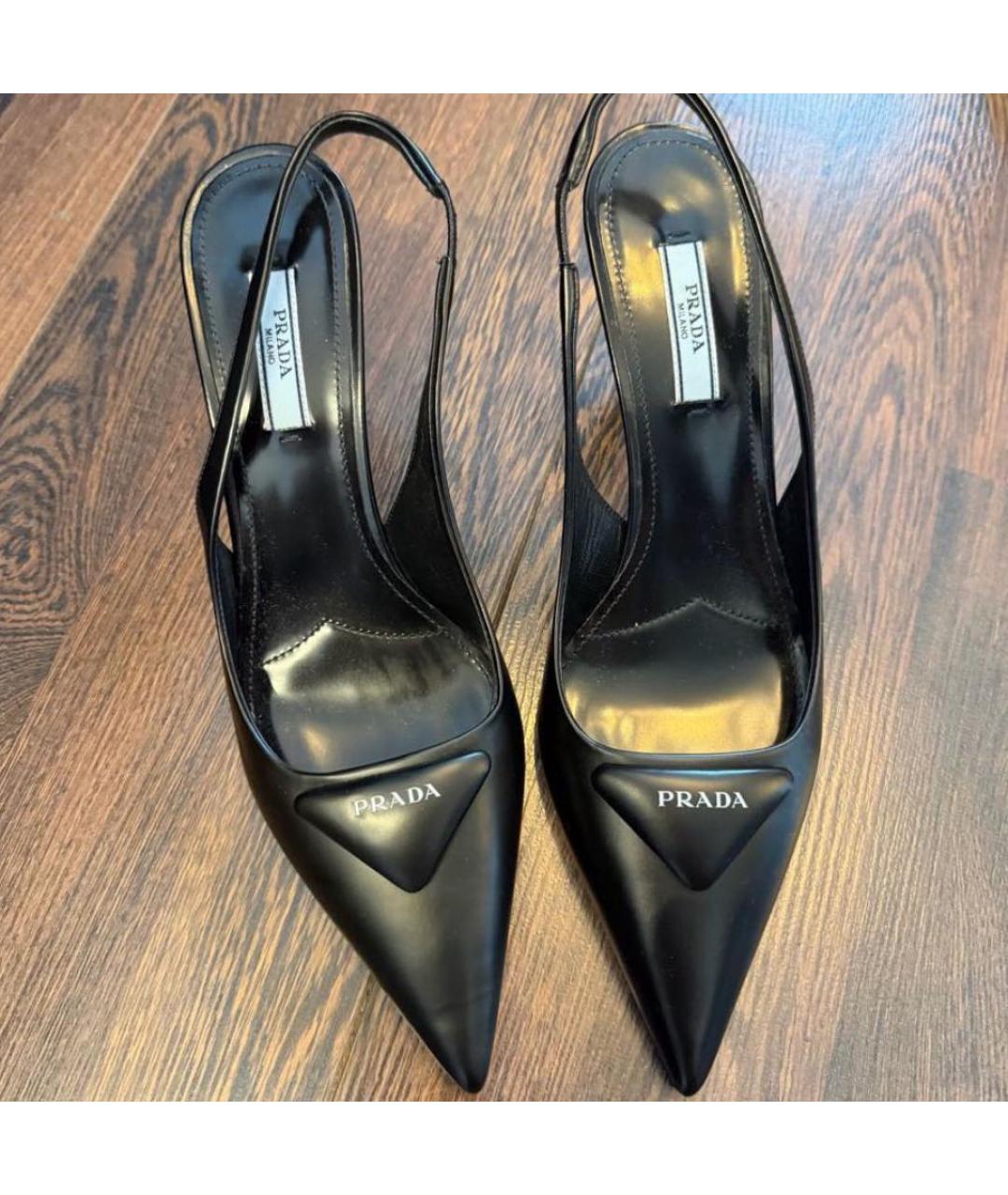 PRADA Черные кожаные лодочки на низком каблуке, фото 5