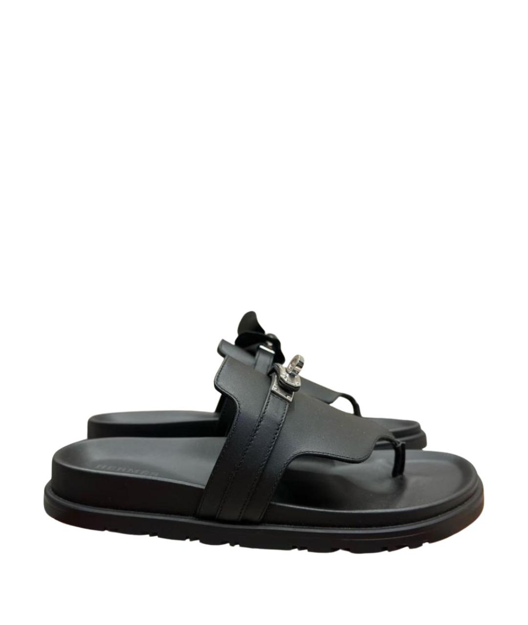 HERMES Черные кожаные шлепанцы, фото 1