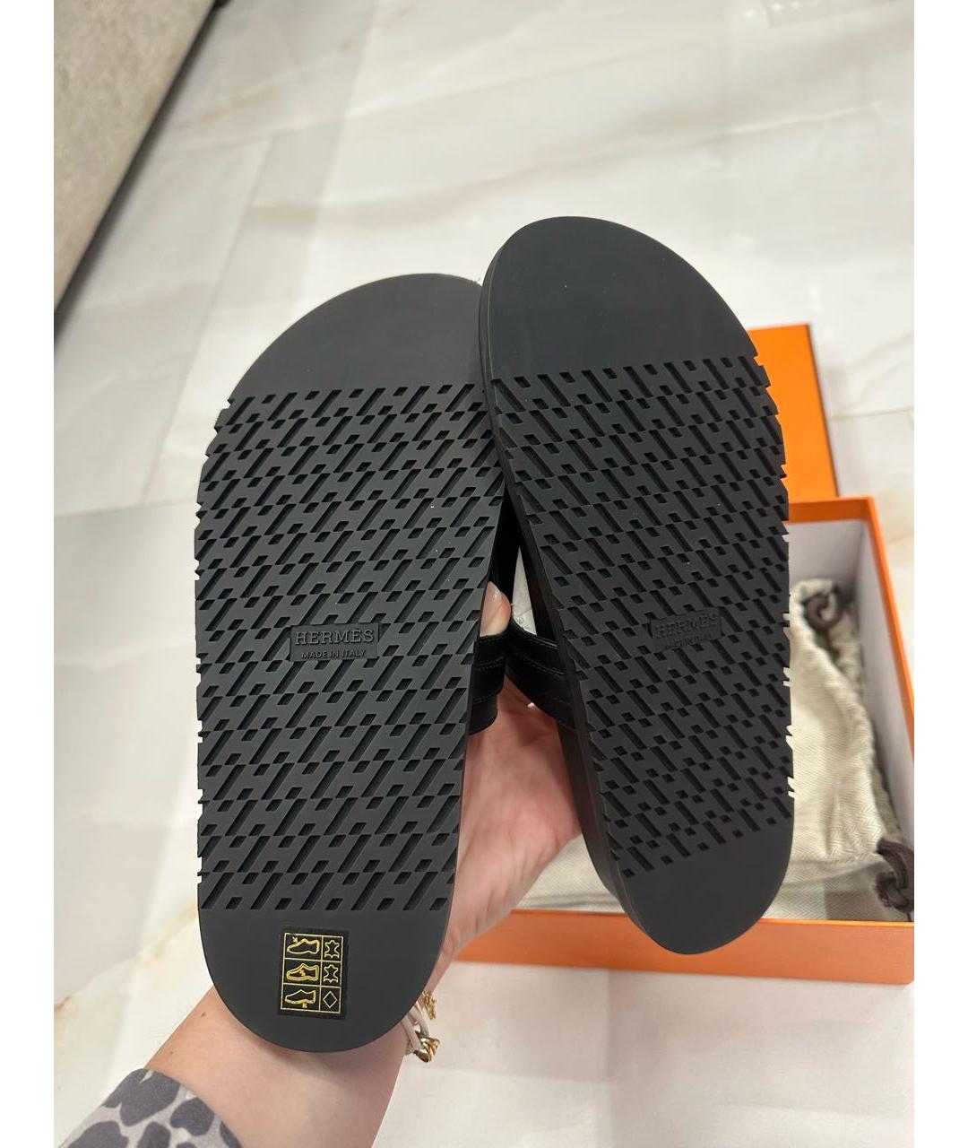 HERMES Черные кожаные шлепанцы, фото 3