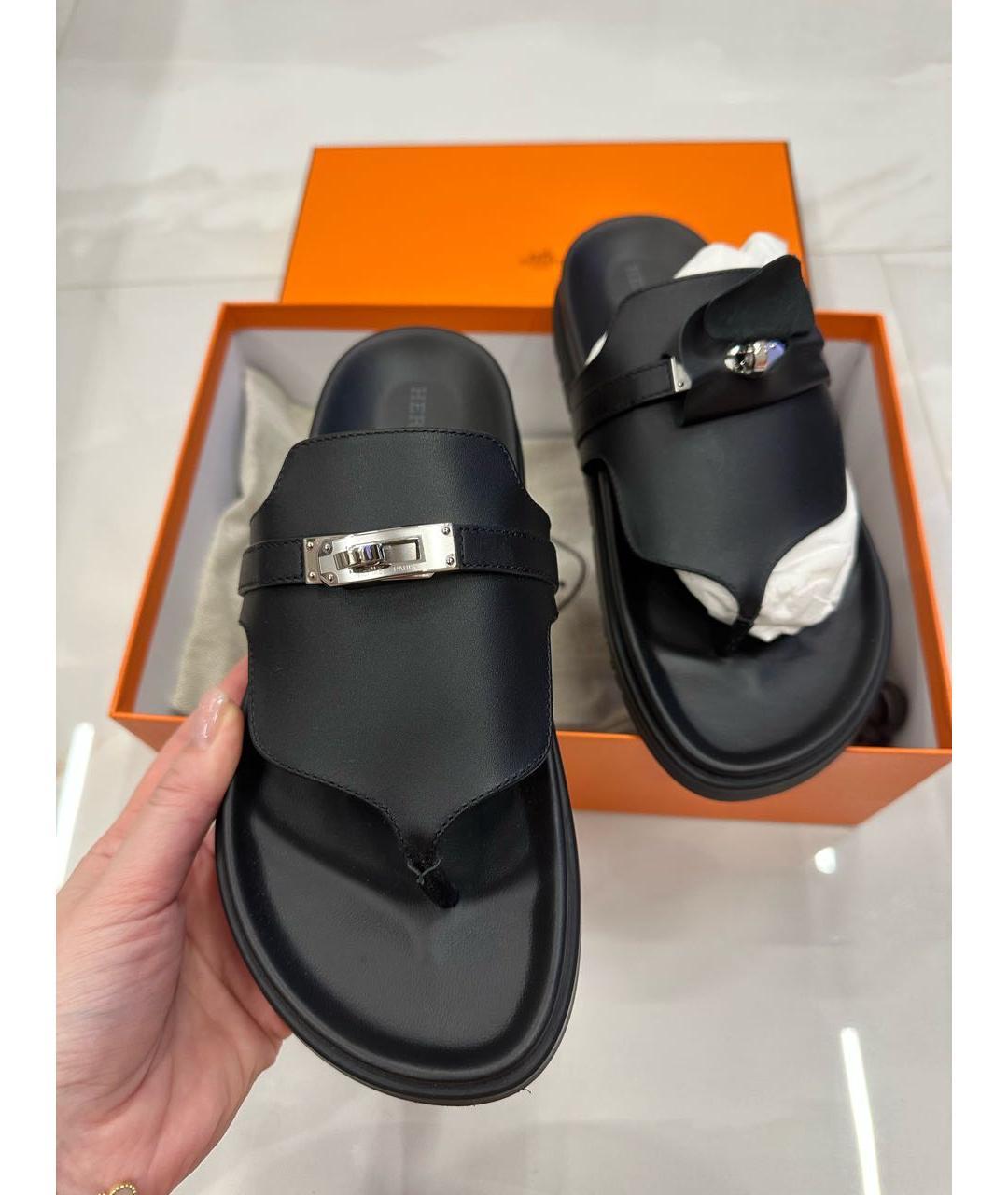 HERMES Черные кожаные шлепанцы, фото 2