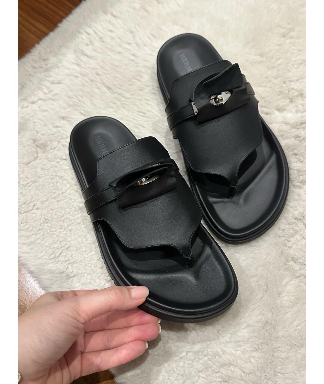 HERMES Черные кожаные шлепанцы, фото 7