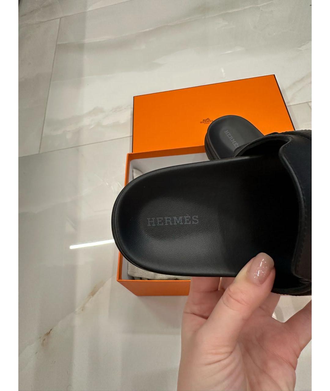 HERMES Черные кожаные шлепанцы, фото 6