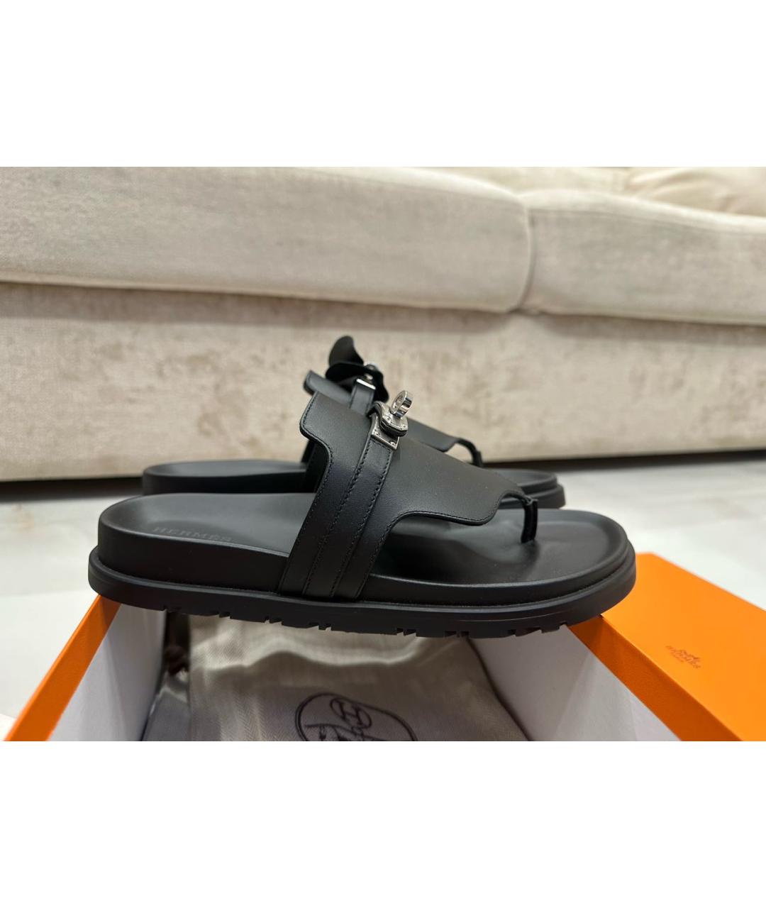 HERMES Черные кожаные шлепанцы, фото 9