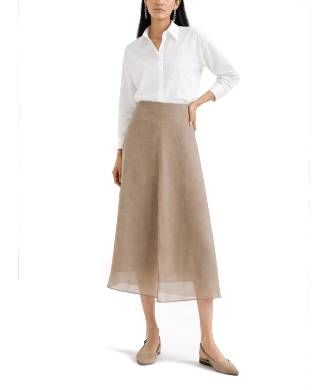 BRUNELLO CUCINELLI Бежевая шелковая юбка миди, фото 2