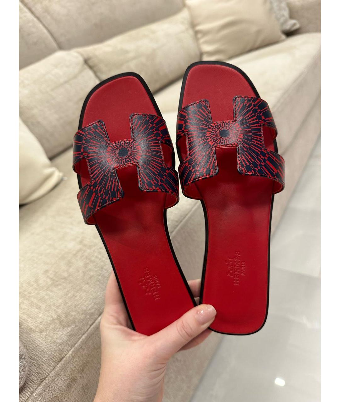 HERMES Красные кожаные шлепанцы, фото 5