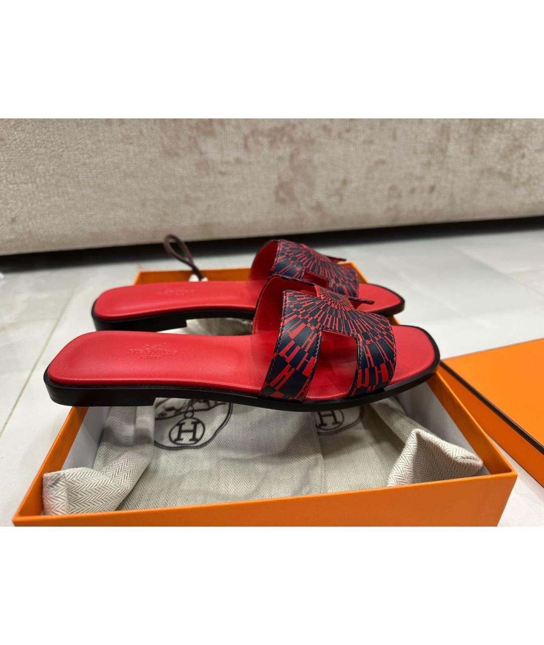 HERMES Красные кожаные шлепанцы, фото 6
