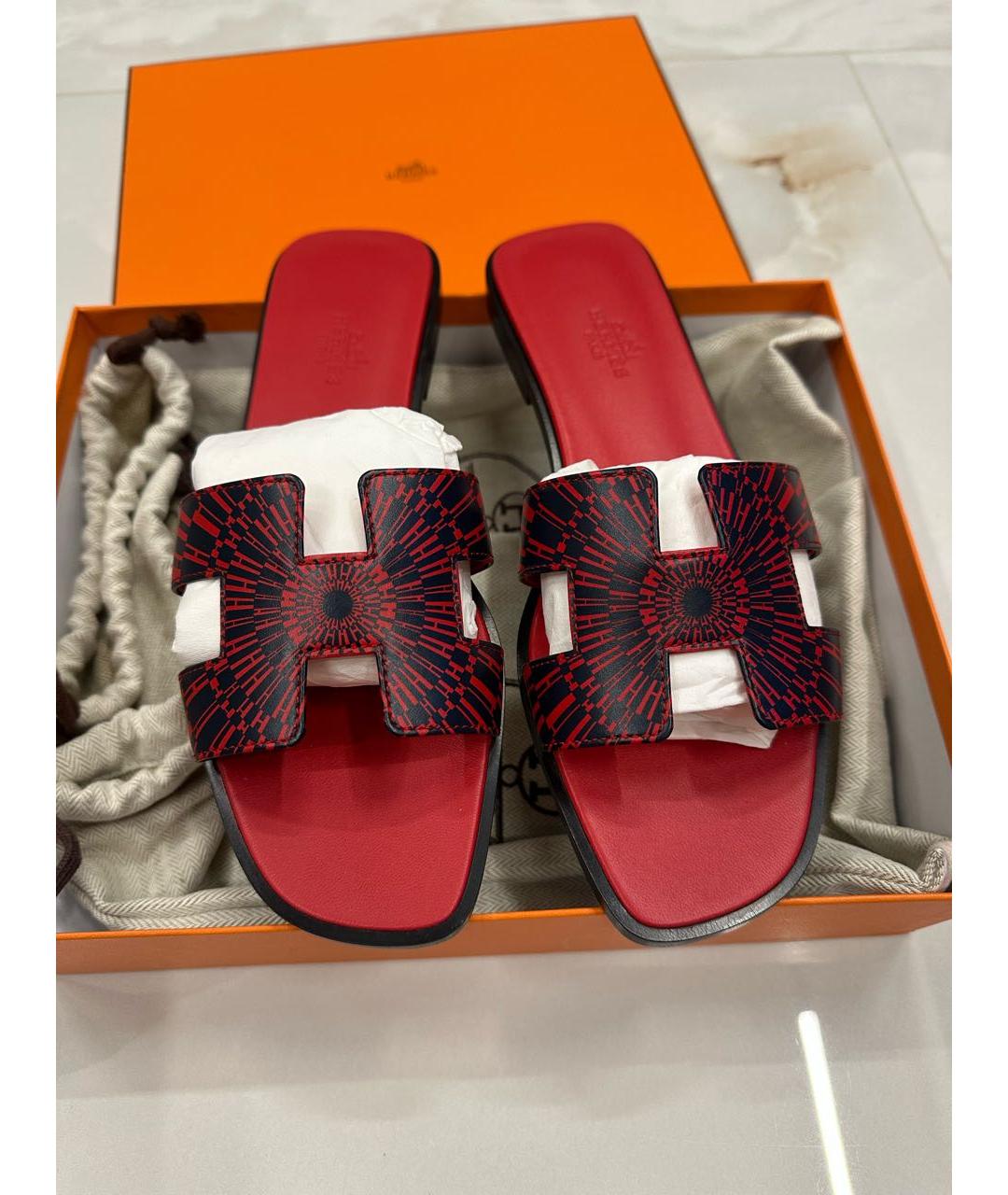 HERMES Красные кожаные шлепанцы, фото 7