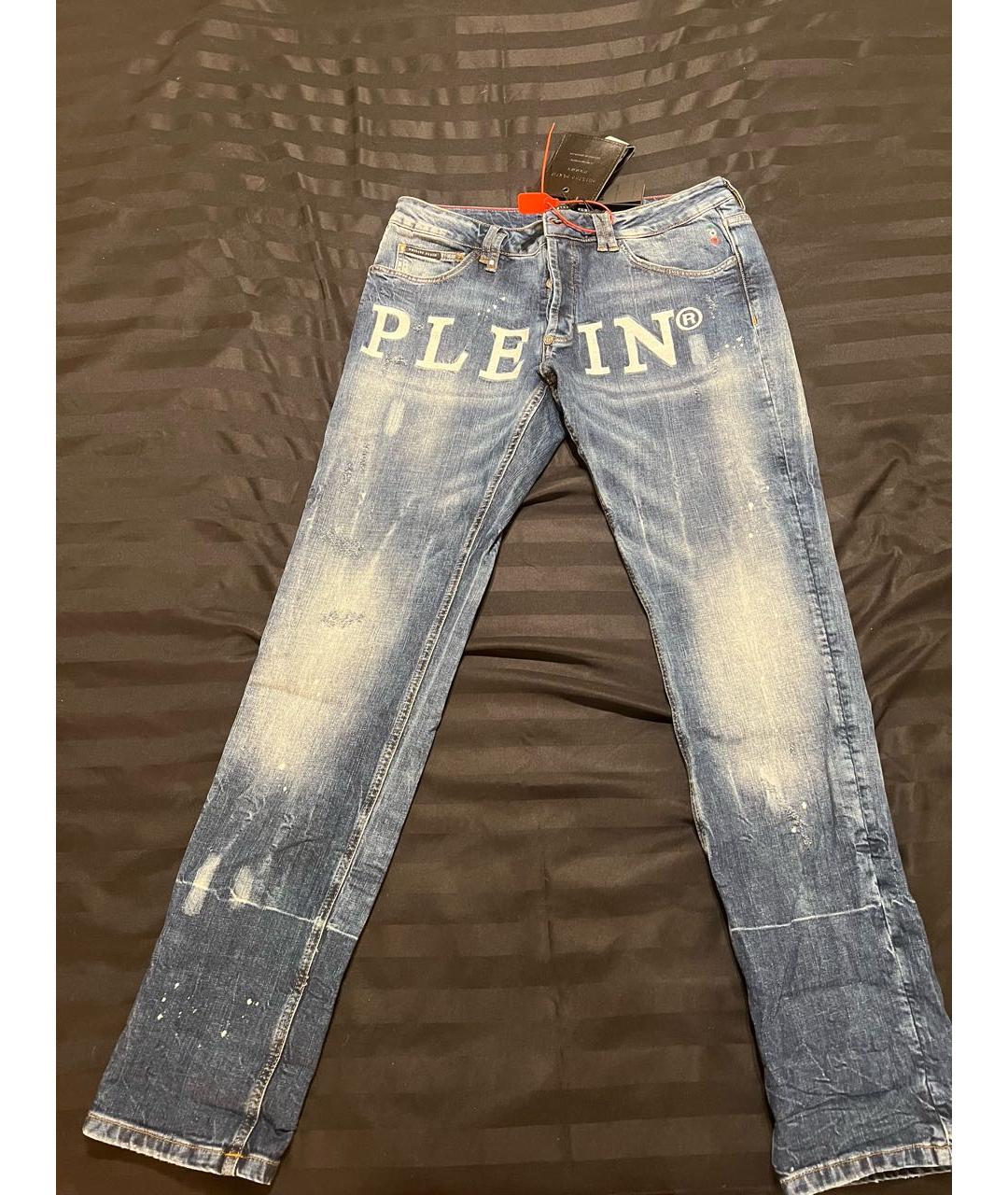 PHILIPP PLEIN Синие хлопко-эластановые прямые джинсы, фото 5