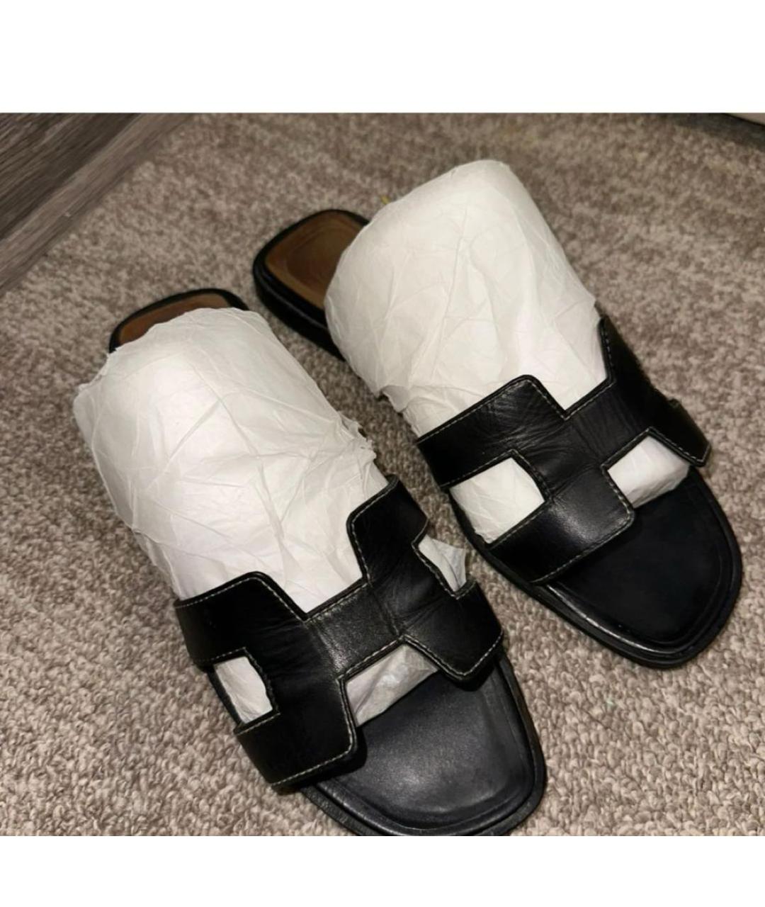 HERMES Черные кожаные шлепанцы, фото 5