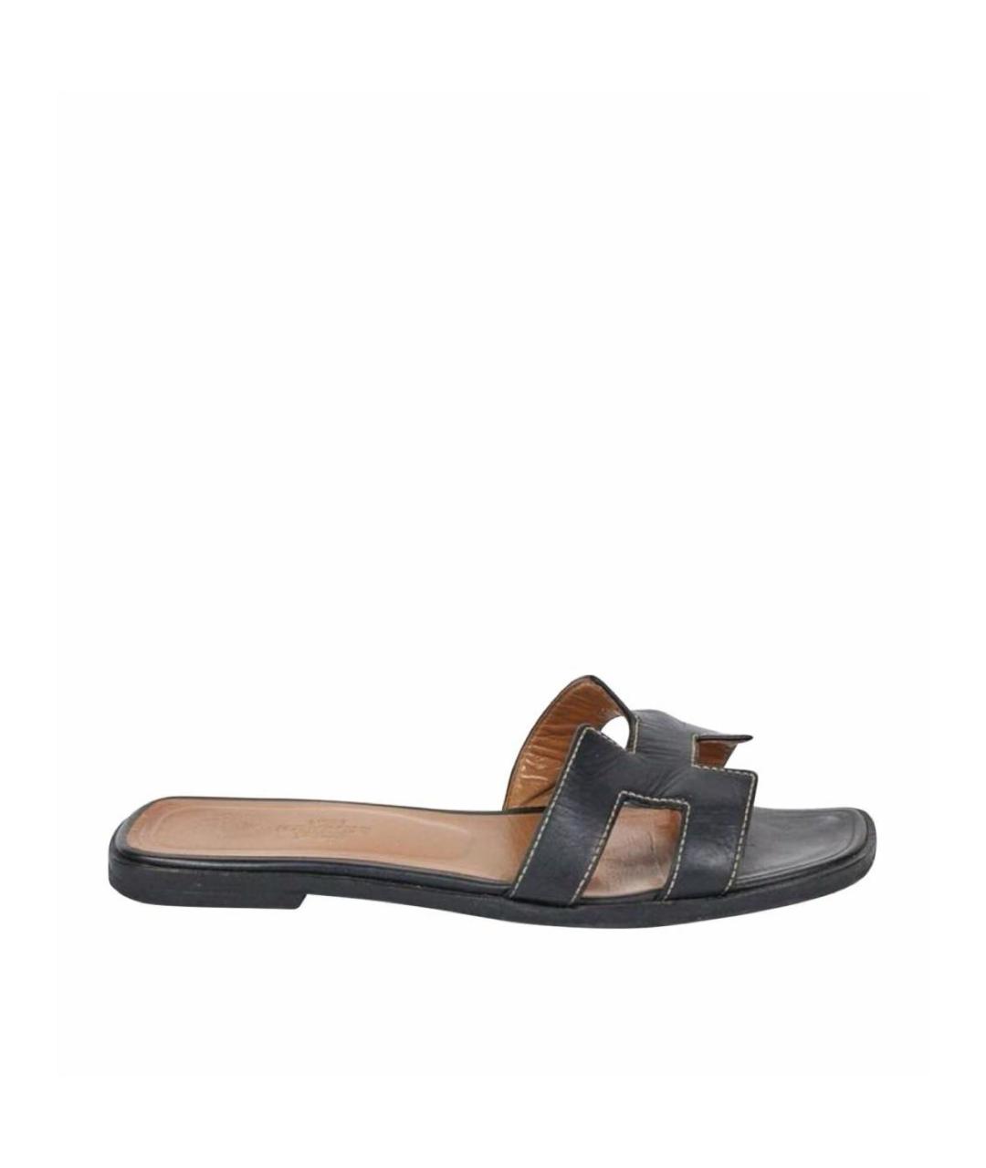 HERMES Черные кожаные шлепанцы, фото 7