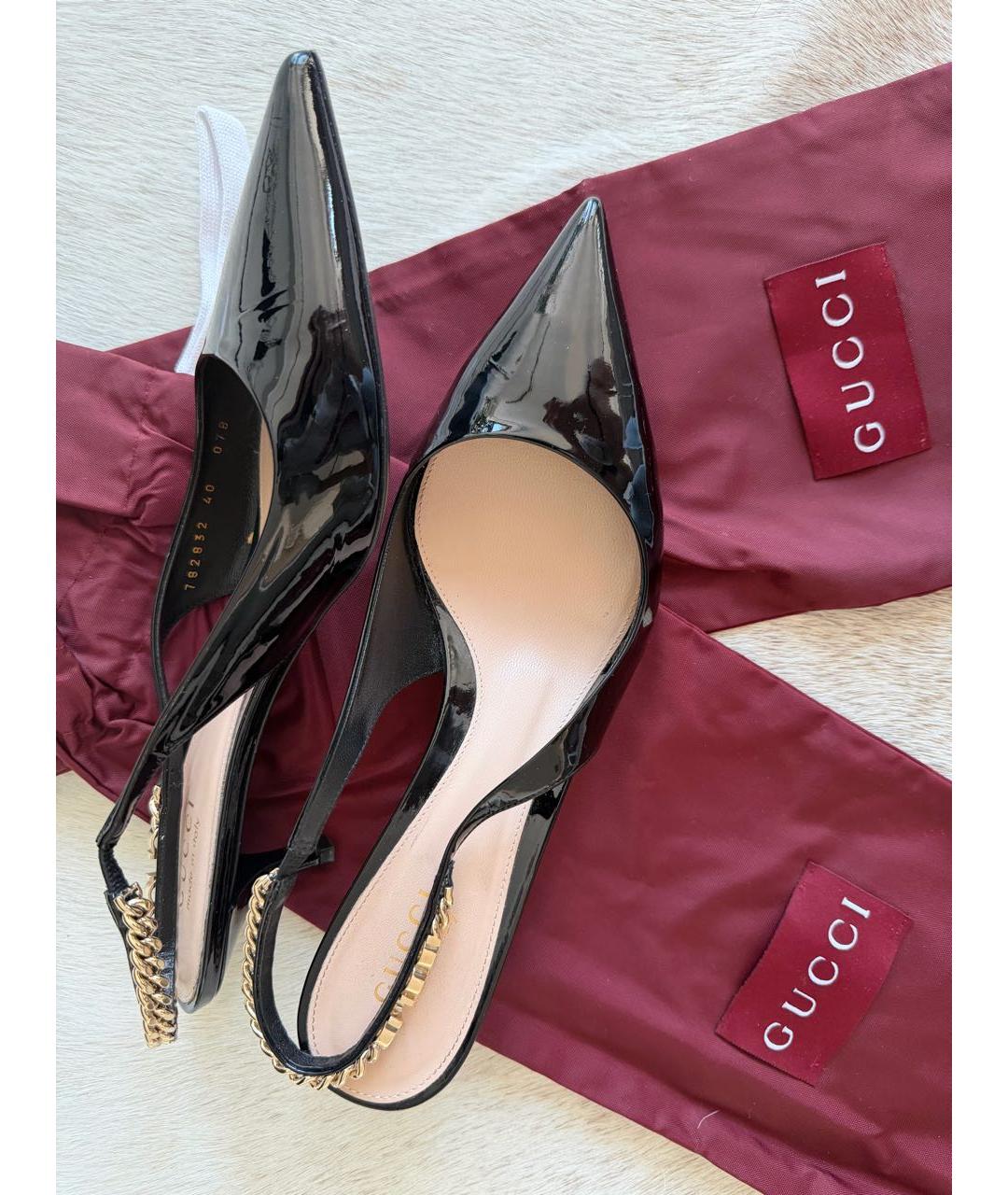 GUCCI Черные лодочки на низком каблуке из лакированной кожи, фото 6