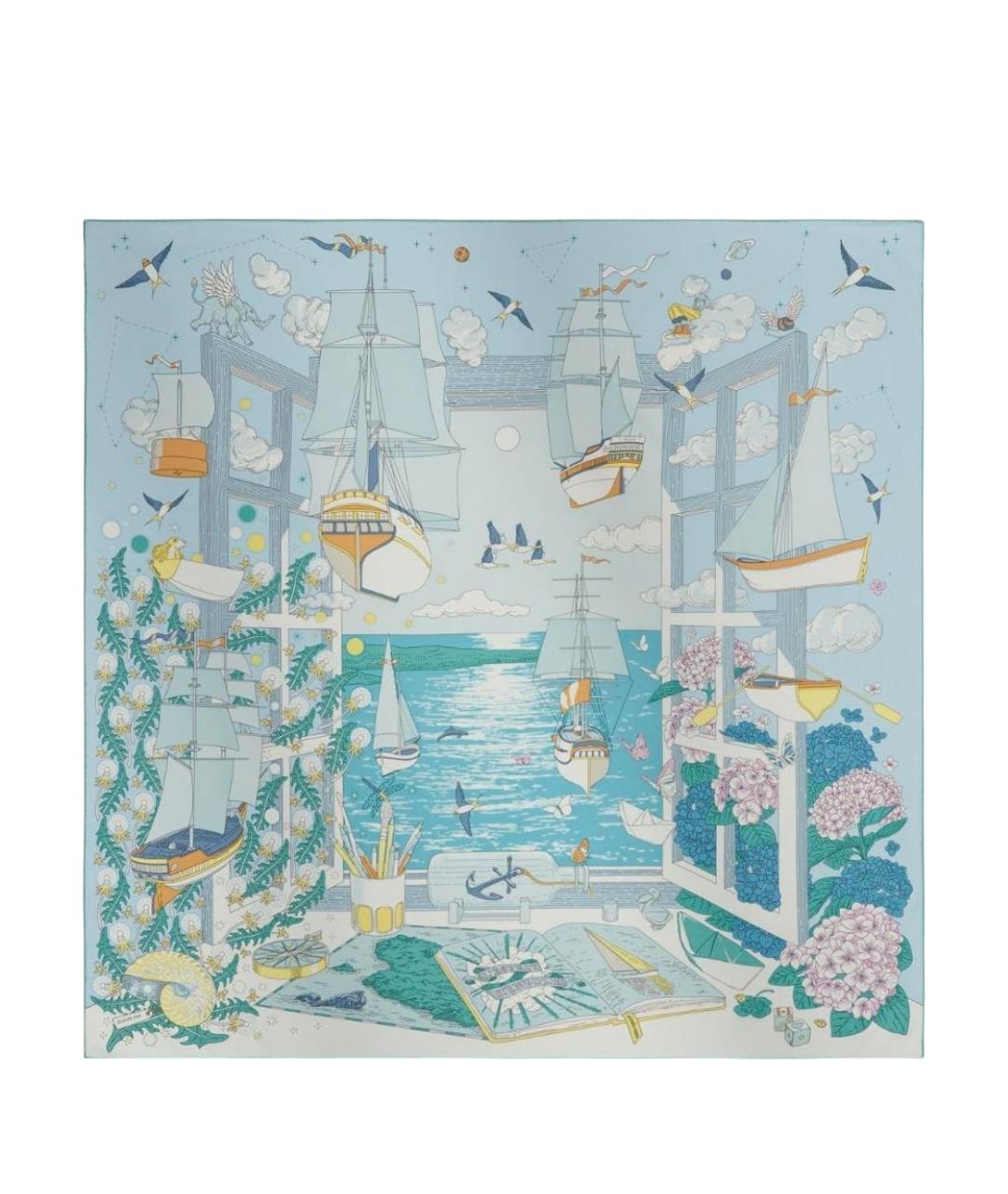 HERMES Голубой шелковый платок, фото 1