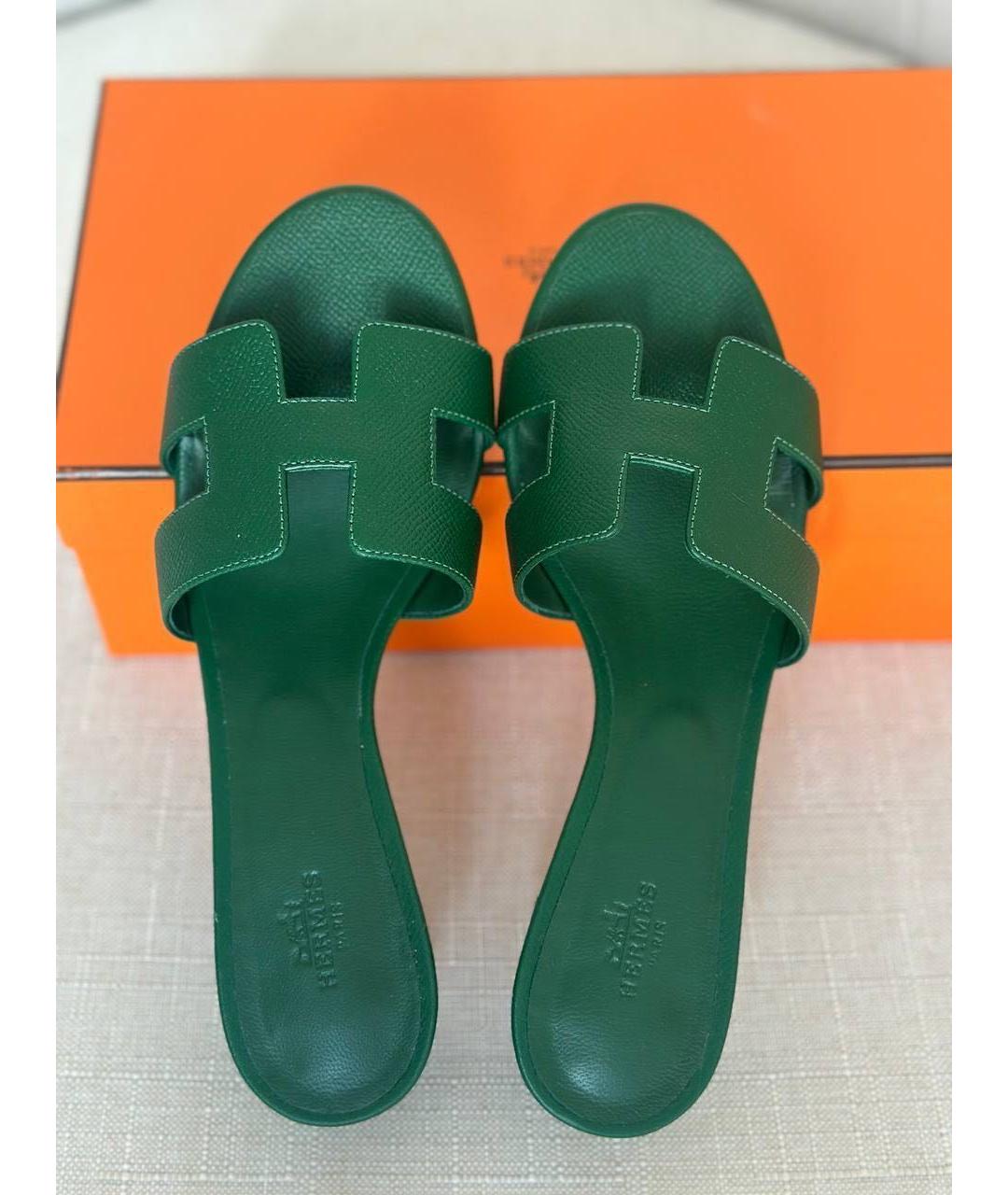 HERMES Зеленые кожаные мюли, фото 4