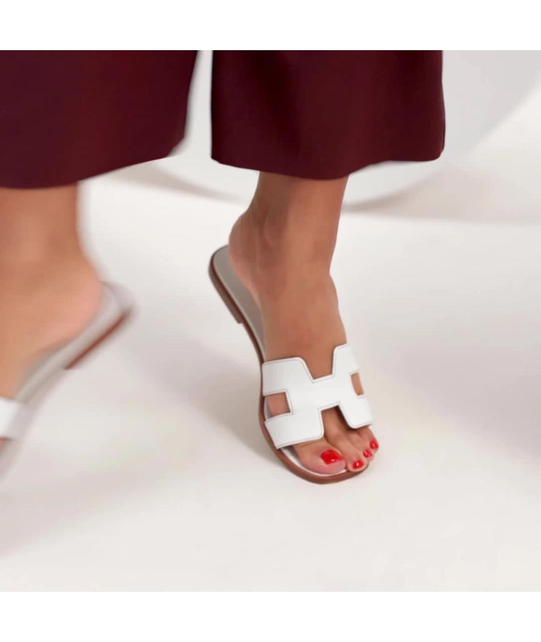 HERMES Белые кожаные шлепанцы, фото 4