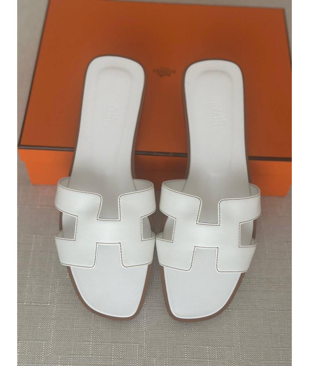 HERMES Белые кожаные шлепанцы, фото 3