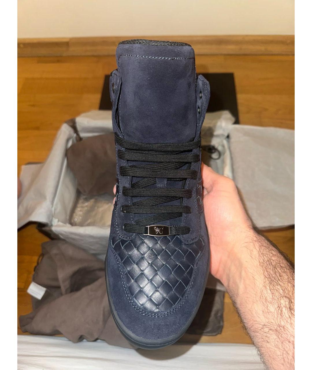 BOTTEGA VENETA Темно-синие кожаные высокие кроссовки / кеды, фото 2