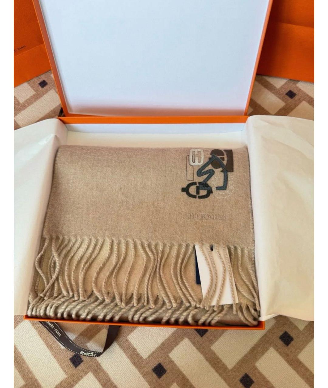 HERMES Бежевый кашемировый шарф, фото 5