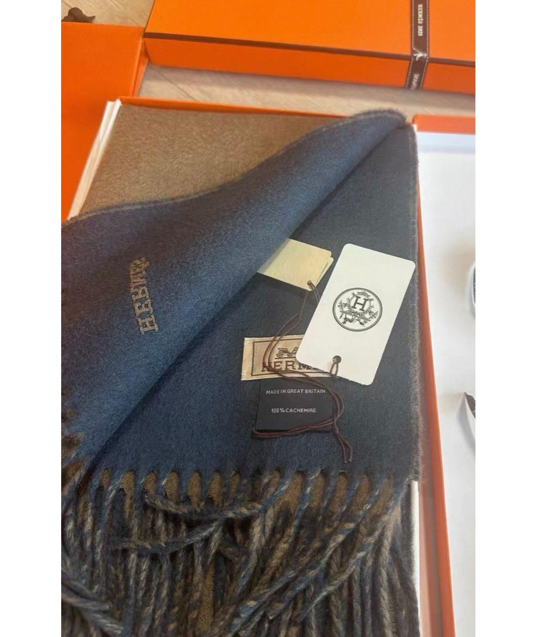 HERMES Синий кашемировый шарф, фото 4