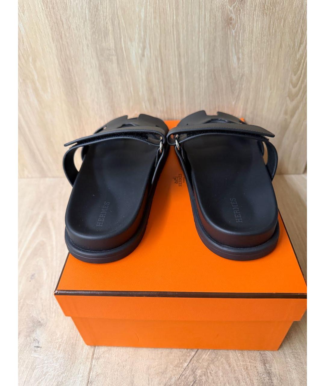 HERMES Черные кожаные шлепанцы, фото 4