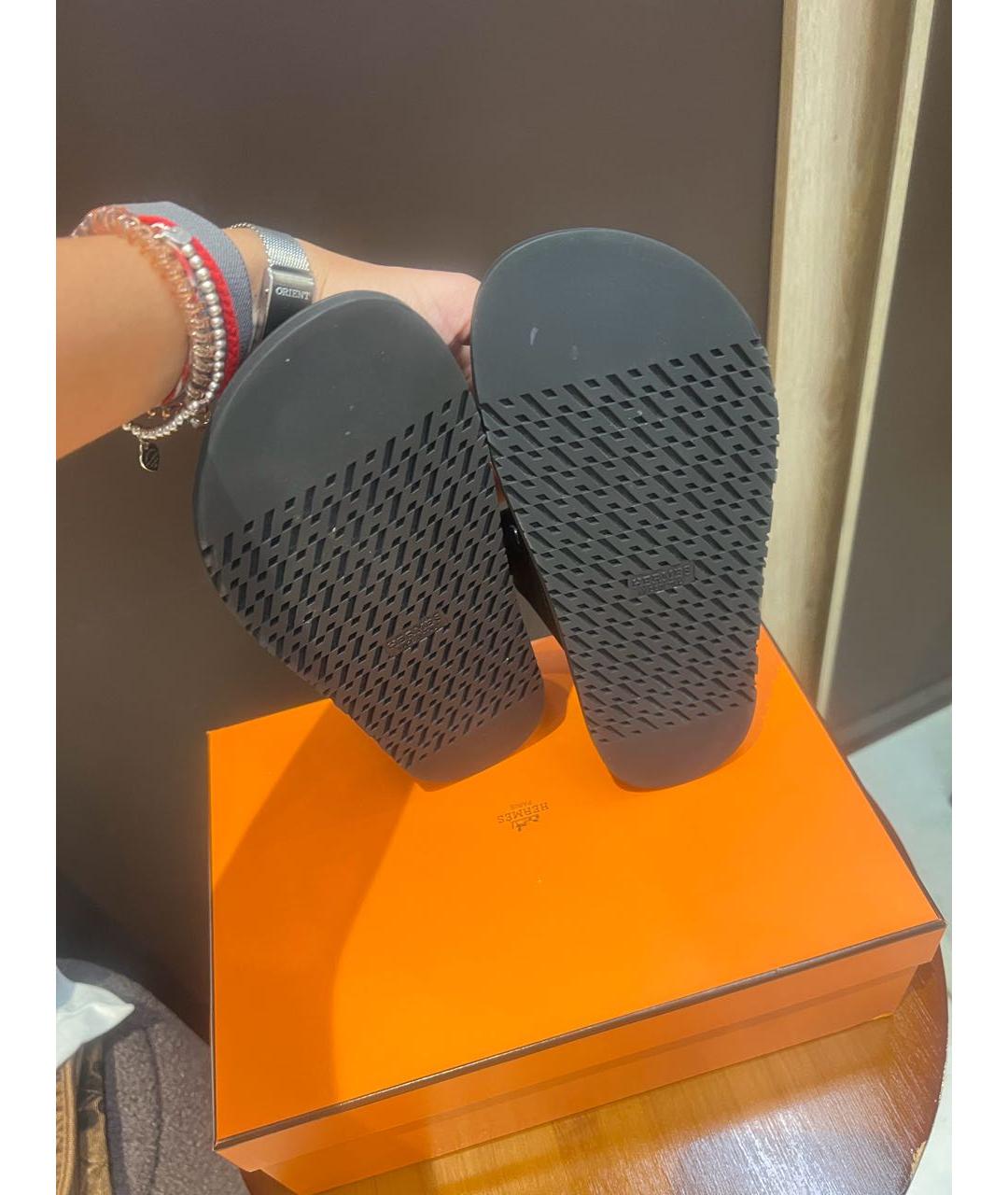 HERMES Черные кожаные шлепанцы, фото 5