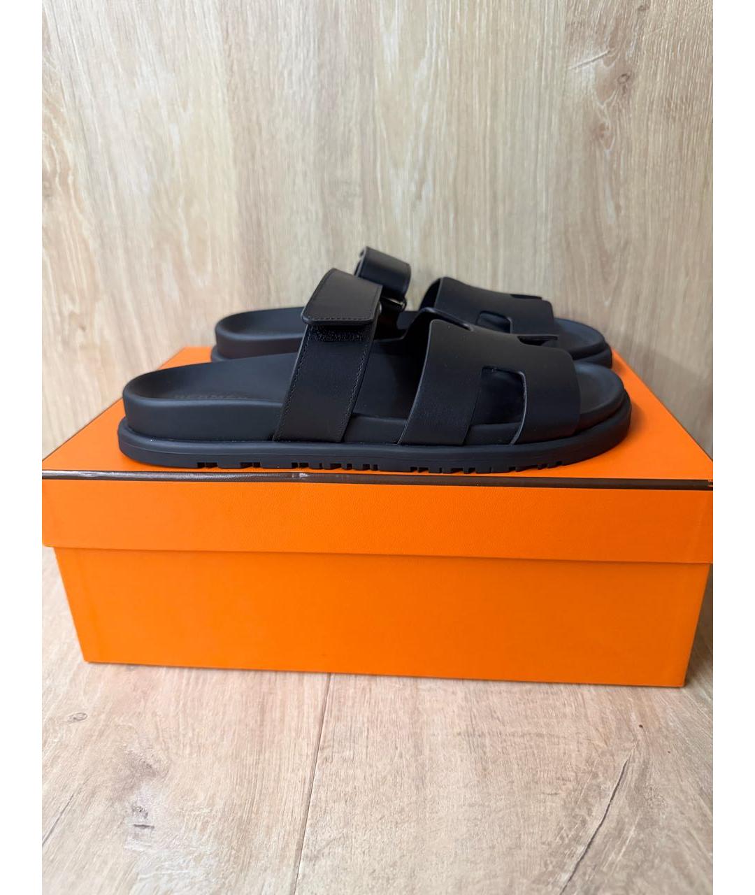 HERMES Черные кожаные шлепанцы, фото 6